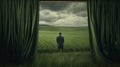 Silhouette of person behind green curtain looking out of stormy grassy landscape