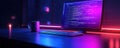 Modern workspace with coding on screen in neon lighting ambiance Royalty Free Stock Photo