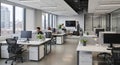 Sleek corporate workspace featuring desks and city skyline Royalty Free Stock Photo