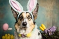 A cute German shepherd dog in an easter bunny ears costume, generative ai