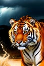 a wild tiger storm and lighting generative ai