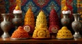 Colorful Torma offerings with exquisite silver vessels Royalty Free Stock Photo