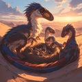 Nestling Oviraptors in a Desert Twilight