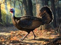 Turkey strutting elegantly in a sunlit forest while showcasing its colorful feathers in a natural setting. Wildlife beauty concept Royalty Free Stock Photo