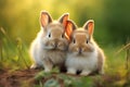 This image captures two adorable bunnies enjoying the warmth of the sun in a lush green meadow