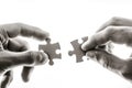 The image captures two hands, one belonging to an adult and the other to a younger individual, each holding a puzzle