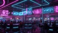 A vibrant casino interior with neon lights and people playing games Royalty Free Stock Photo