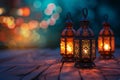 Illuminated Moroccan Lanterns on Wooden Surface, Evening Ambiance Concept Royalty Free Stock Photo