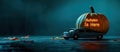 A small car carries a large pumpkin adorned with glowing text "Autumn is Here" in a whimsical autumn night scene. Royalty Free Stock Photo