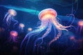 An image capturing the beauty of a group of jellyfish gracefully floating in the expansive ocean, Luminous jellyfish tentacles Royalty Free Stock Photo