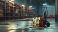 Warehouse interior featuring wooden pallets and a hand truck highlighting logistics and storage Royalty Free Stock Photo