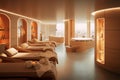 An image capturing a luxurious spa setting with a sauna, massage beds, and refreshing amenities, highlighting the indulgent Royalty Free Stock Photo