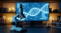 Modern Microscope in a Research Laboratory with DNA Illustration on Screen for Scientific Advancements and Medical Research Royalty Free Stock Photo