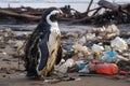 An image capturing a penguin standing atop a pile of trash., Penguin on the beach with garbage, Plastic waste, AI Generated Royalty Free Stock Photo