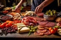 Image capturing the process of assembling a charcuterie platter, with the skilled hands of a chef arranging slices of salami and