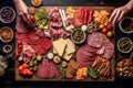 Image capturing the process of assembling a charcuterie platter, with the skilled hands of a chef arranging slices of salami and