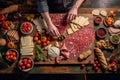 Image capturing the process of assembling a charcuterie platter, with the skilled hands of a chef arranging slices of salami and