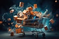 An image capturing a shopping cart filled with boxes propelling through the air in a gravity-defying display., A shopping cart