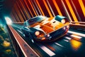 Image of car driving on road with bridge in the background. Generative AI Royalty Free Stock Photo