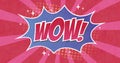 Image of a cartoon bubble with WOW written in pink on a pink and red striped background Royalty Free Stock Photo