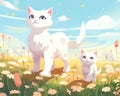 cartoon cute walking with white cats in a flower field.