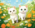 cartoon cute walking with white cats in a flower field.