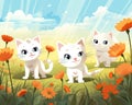 cartoon cute walking with white cats in a flower field.