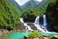 Cascade of Bhagsu (Bhagsunag, Bagsu) waterfall. Bhagsu (Bagsu), Himachal Pradesh, India. Polarizer filter Royalty Free Stock Photo