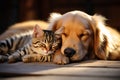 Image Cat and dog nap together adorable golden retriever and cat Royalty Free Stock Photo