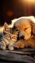 Image Cat and dog nap together adorable golden retriever and cat Royalty Free Stock Photo