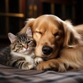 Image Cat and dog nap together adorable golden retriever and cat Royalty Free Stock Photo