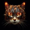 Image of cat face made with electronic components with fire on clean background. Pet. Animals. Illustration, Generative AI Royalty Free Stock Photo