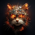 Image of cat face made with electronic components with fire on clean background. Pet. Animals. Illustration, Generative AI Royalty Free Stock Photo