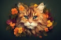 Image of a cat face surrounded by colorful tropical flowers. Pet. Animals. Illustration, Generative AI Royalty Free Stock Photo