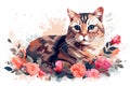 Image of a cat face surrounded by colorful tropical flowers. Pet. Animals. Illustration, Generative AI Royalty Free Stock Photo