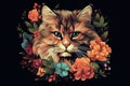 Image of a cat face surrounded by colorful tropical flowers. Pet. Animals. Illustration, Generative AI Royalty Free Stock Photo