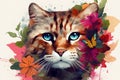 Image of a cat face surrounded by colorful tropical flowers. Pet. Animals. Illustration, Generative AI Royalty Free Stock Photo