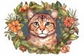 Image of a cat face surrounded by colorful tropical flowers. Pet. Animals. Illustration, Generative AI Royalty Free Stock Photo