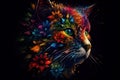 Image of a cat head with beautiful bright colors on a dark background. Pet. Animals. Illustration, generative AI Royalty Free Stock Photo