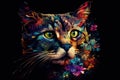 Image of a cat head with beautiful bright colors on a dark background. Pet. Animals. Illustration, generative AI Royalty Free Stock Photo