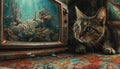 Image of a cat near a TV with mermaids on the screen Royalty Free Stock Photo