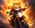 Cat rider on motorcycle is riding with fire. Royalty Free Stock Photo