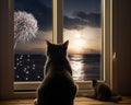 The dog cat is watching fireworks through a window. Royalty Free Stock Photo