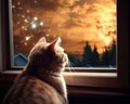 The dog cat is watching fireworks through a window. Royalty Free Stock Photo