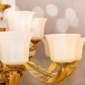 White plafonds from the gold-colored chandelier. Bokeh in the background Royalty Free Stock Photo