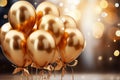 Image Celebratory scene bunch of golden balloons with ribbons, 3Drendering