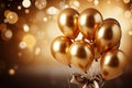 Image Celebratory scene bunch of golden balloons with ribbons, 3Drendering