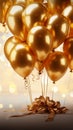 Image Celebratory scene bunch of golden balloons with ribbons, 3Drendering