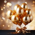 Image Celebratory scene bunch of golden balloons with ribbons, 3Drendering