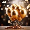 Image Celebratory scene bunch of golden balloons with ribbons, 3Drendering